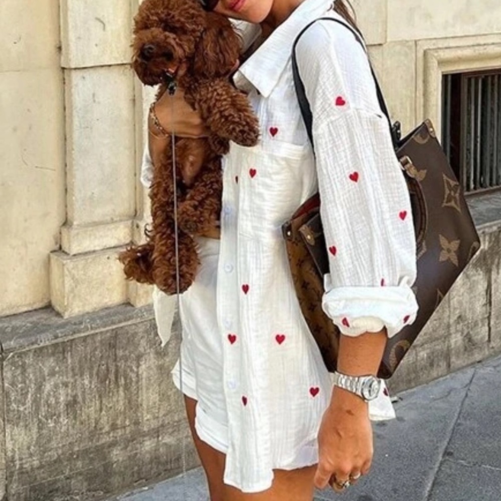 Cozy White Hearts Button Down Oversized Shirt